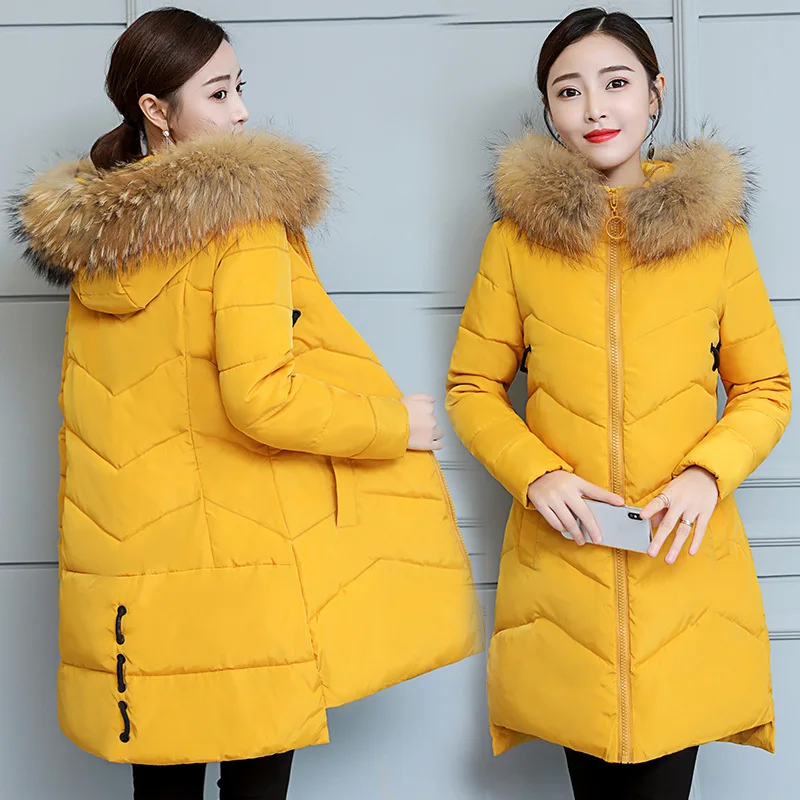 

2019 Winter New Style Korean-style Women's Mid-length Slim Fit Cotton Coat Cotton-padded Clothes Large Fur Collar Thick down Jac