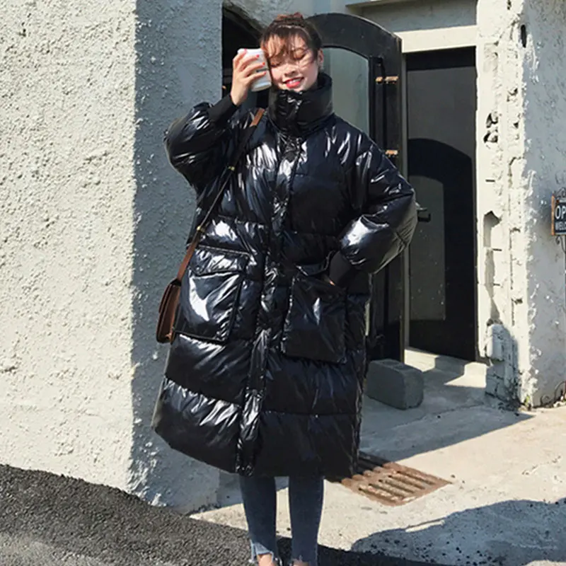 Oversized jacket women Thick Winter Warm Coat Long Down jacket Parka Glossy Thick cotton Jacket Winter Coat Women Windbreaker - Цвет: Black