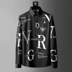 Negócio de strass carta camisas dos homens manga longa camisa casual 2021 primavera magro streetwear vestido social nightclub chemise homme