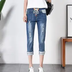 Весна и лето, новый стиль, корейский стиль, эластичные джинсы больших размеров, женские укороченные брюки, укороченные штаны для похудения