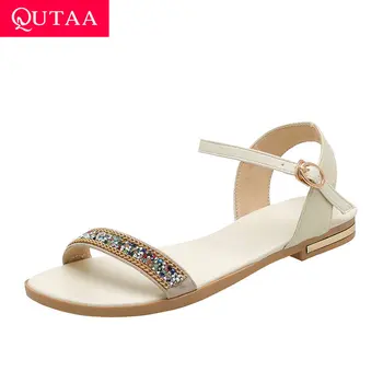 

QUTAA 2020 Cow Leather+PVC Crystal Buckle Summer Women Flats Shoes Round Open-toed Soft Soled Comfort Women Sandals Size 34-43