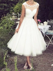 Morden A-Line Wedding Dresses Plus Size Jewel Neck Tea Length Lace Tulle Bridal Gown Vestido De Noiva Robe Mariage