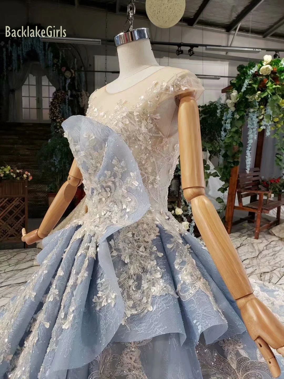 BacklakeGirls Light Blue Elegant O-neck Wedding Gowns Vestido De Noiva Applique Satin Weding Dress suknia slubna Customized Size