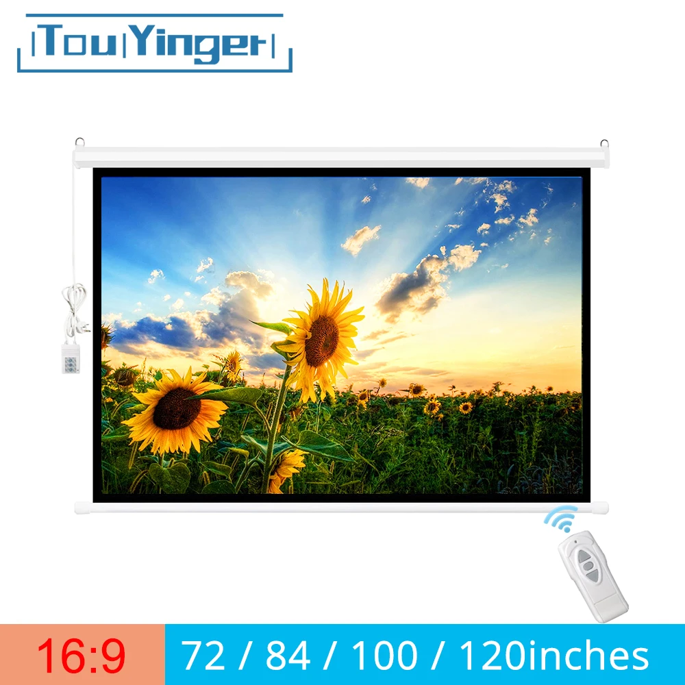 Продажа Touyinger 169 72 84 100 120 дюймов Электрический Экран для Проектор Шторы моторизованный клапан для всех светодиодный ЖК дисплей DLP лазерный проектор ...