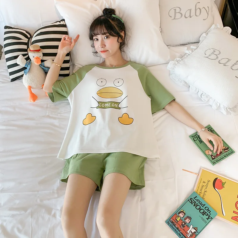 

Pajamas Women's Summer Pure Cotton Short Sleeve Thin Korean-style Cute Duck Spring And Autumn Two-Piece Set Cartoon Large Size H