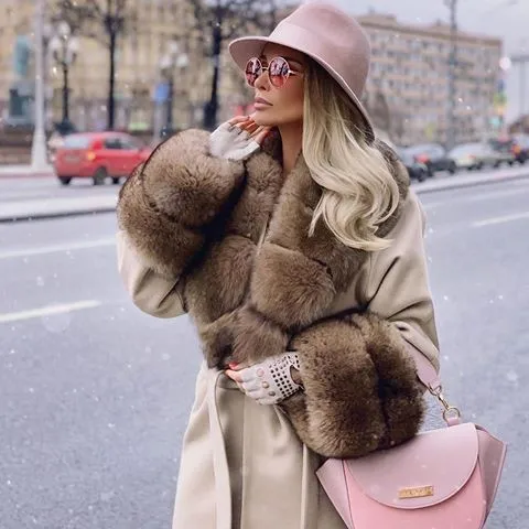CKMORLS модное шерстяное длинное большое пальто, куртка с воротником из натурального меха лисы, женские кашемировые пальто, роскошная зимняя куртка - Цвет: 100 CM LONG