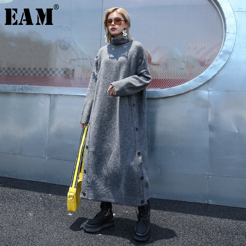 

[EAM] Women Multicolor Big Size Knitting Sweater Dress New Round High Collar Sleeve Loose Fit Fashion Spring Autumn 2019 1D166