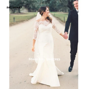 

Lace Mermaid Wedding Dress 2020 Off Shoulder 3/4 Sleeve Button Back Boho Country Bride Gown Vestido De Novia Robe Mariage Online