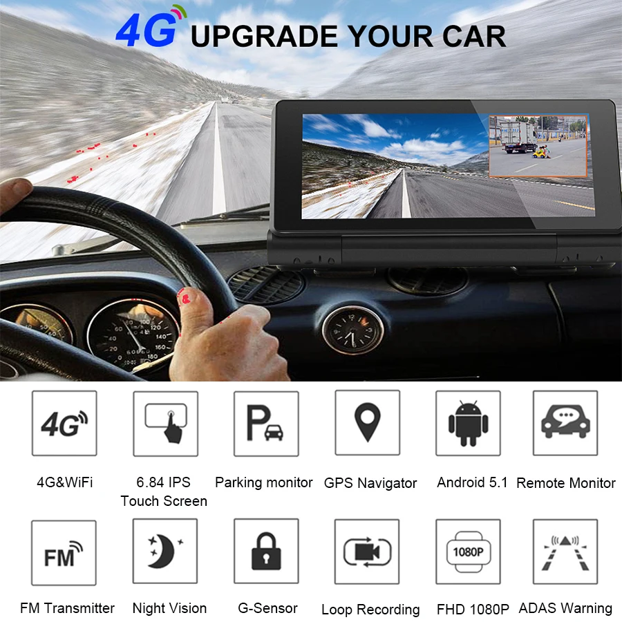 Anfilite 4G 6,86 ''Автомобильный gps навигатор ADAS Bluetooth Android 5,1 Навигатор Автомобильный с двумя камерами FHD 1080p черный ящик