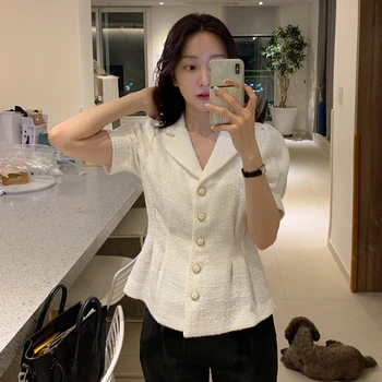

S-L Women Spring Elegant Vintage Short Sleeve Jacket Coat Slim Waist Turn- Down Collar Single Breasted Outwear