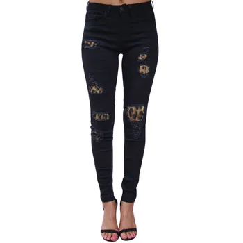 

2020 Jeans for Women Jeans Women Hight Waisted Hole Button Denim Leopard stitching Jeans Stretch Length Jeans брюки #Spot 2020