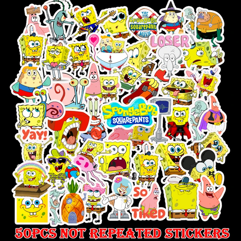 

50Pcs Cartoon Sticker SpongeBob SquarePants Sticker Waterproof For Laptop Motor Skateboard Luggage Guitar Toy DIY Stickers