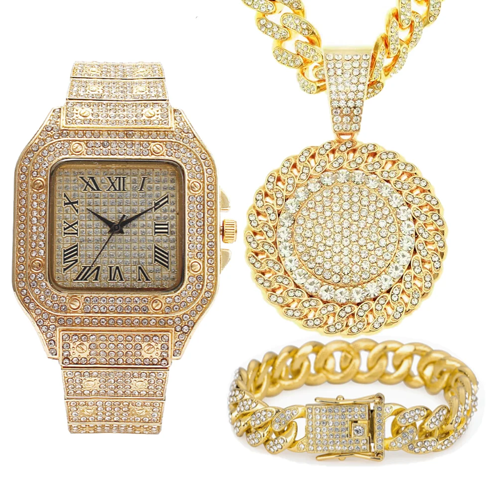 

3pcs Iced Out Necklace Bracelet Watches Rhinestone 13MM Miami Cuban Chain Pandent CZ Bling Rapper Gold Watch for Men Jewelry set