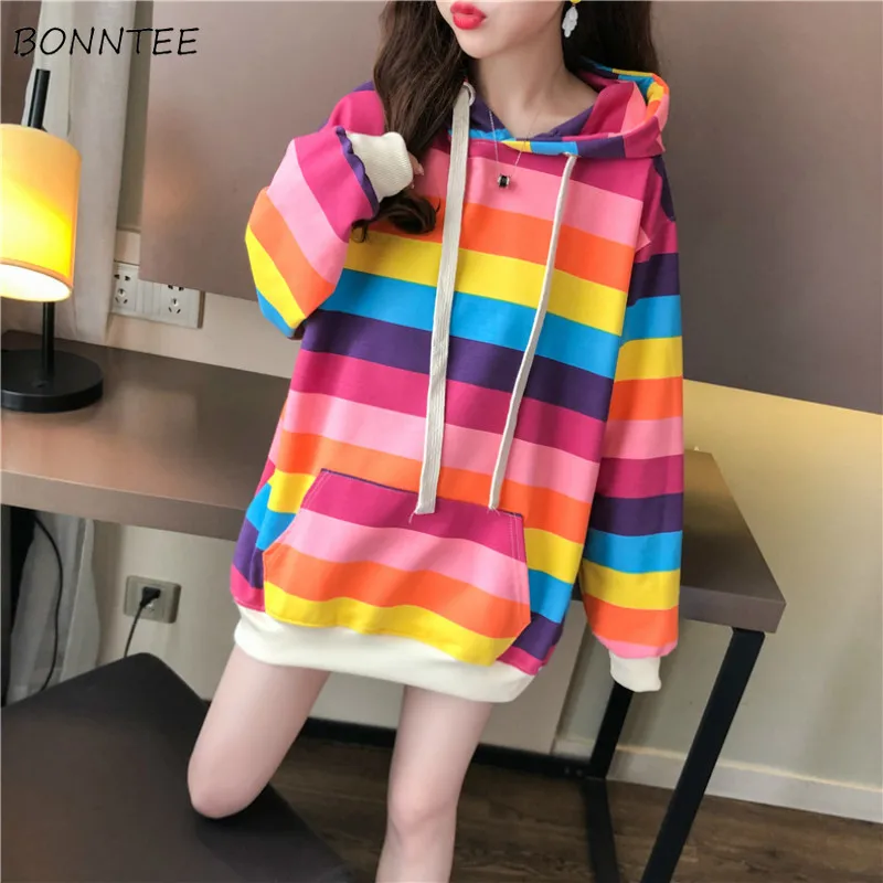 

Hoodies Women Leisure Rainbow Trendy All-match Leisure Hooded Korean Style Long Sleeve Striped Harajuku Girls Oversized Womens