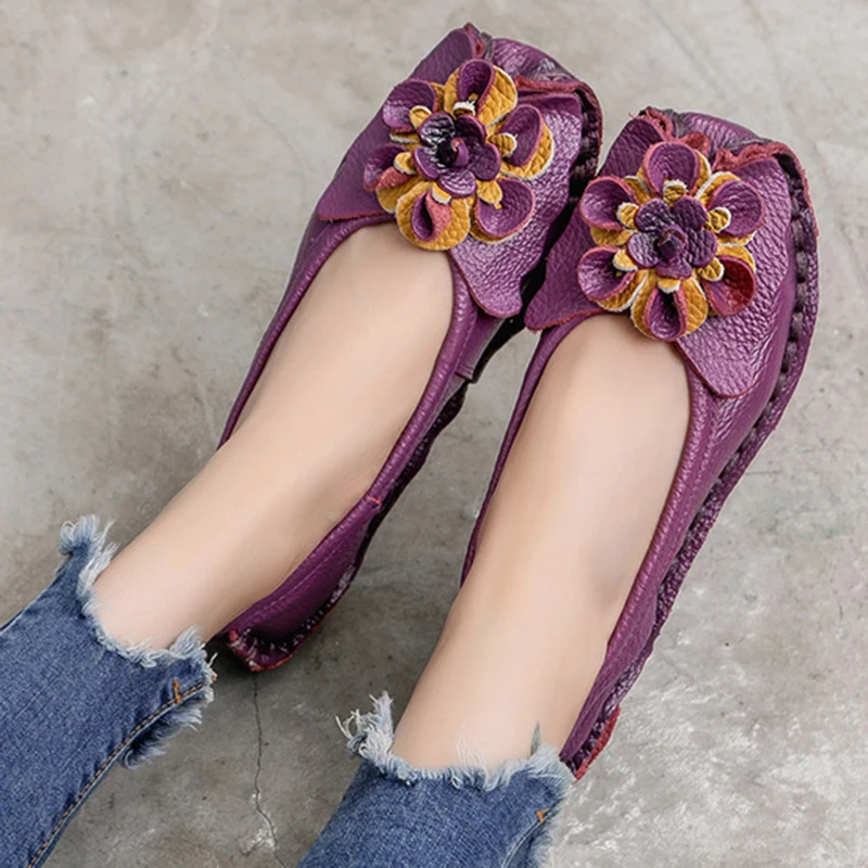Этнические женские лоферы из натуральной кожи; однотонные сандалии на плоской подошве с круглым носком и цветочным принтом; женская обувь на платформе; Zapatos De Mujer; 587W - Цвет: purple