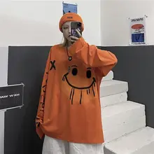 Camiseta urbana de Hip hop para hombre, blusa holgada con letras impresas, estilo Harajuku, negra oscura, de manga larga, y2k, smiley