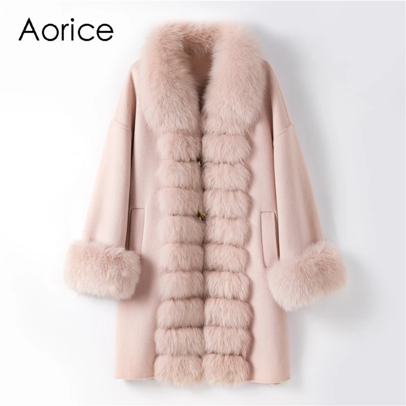 

Aorice TX205605 women free 90% genuine wool fur real fox fur collar front winter coat lady elegant horn buckle jacket overcoat