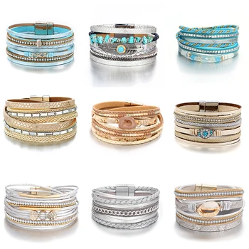 

Boho Braided Cuff Bangle Crystal Bead Bracelets Vintage Multi-Layer Wrap Leather Rhinestone Magnetic Clasp Bracelet for Woman