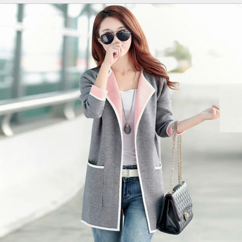 Autumn Winter Patchwork V-Neck Sweater Women's Knitted 2 Side Wear Long Cardigan Women Cardigans feminino pockets Coat |