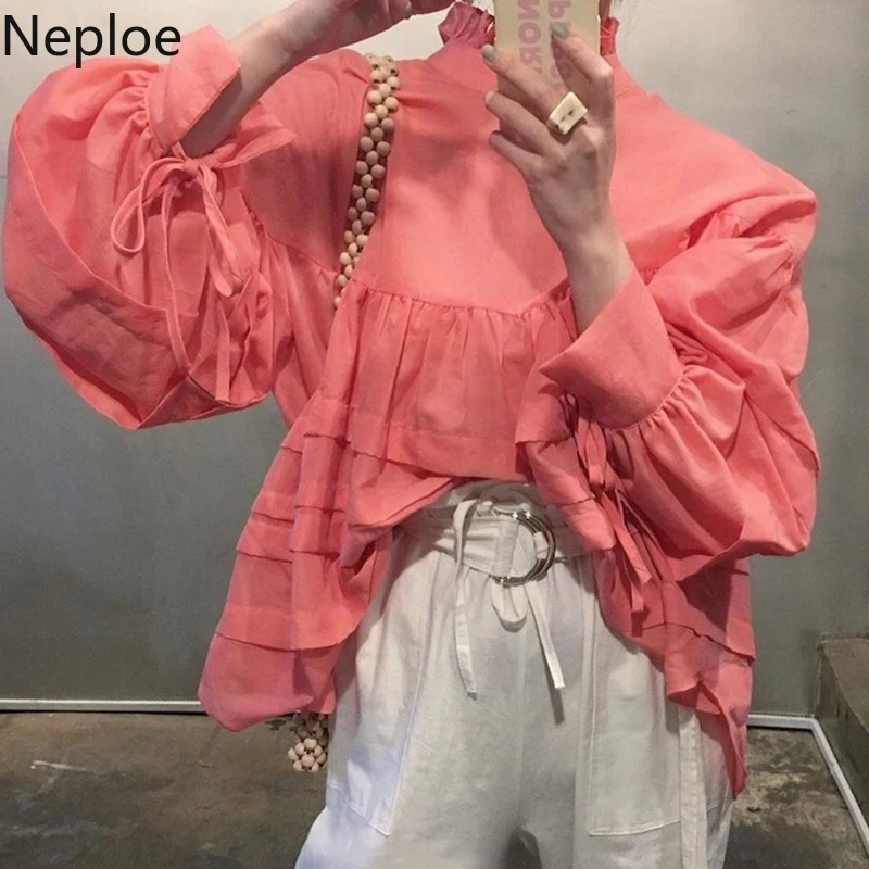 Neploe Korean Chic Stand Collar Patchwork Wooden Ear Blouse Loose Arrangement Feel Lace Back Blusas Lantern Long Sleeve Shirt |