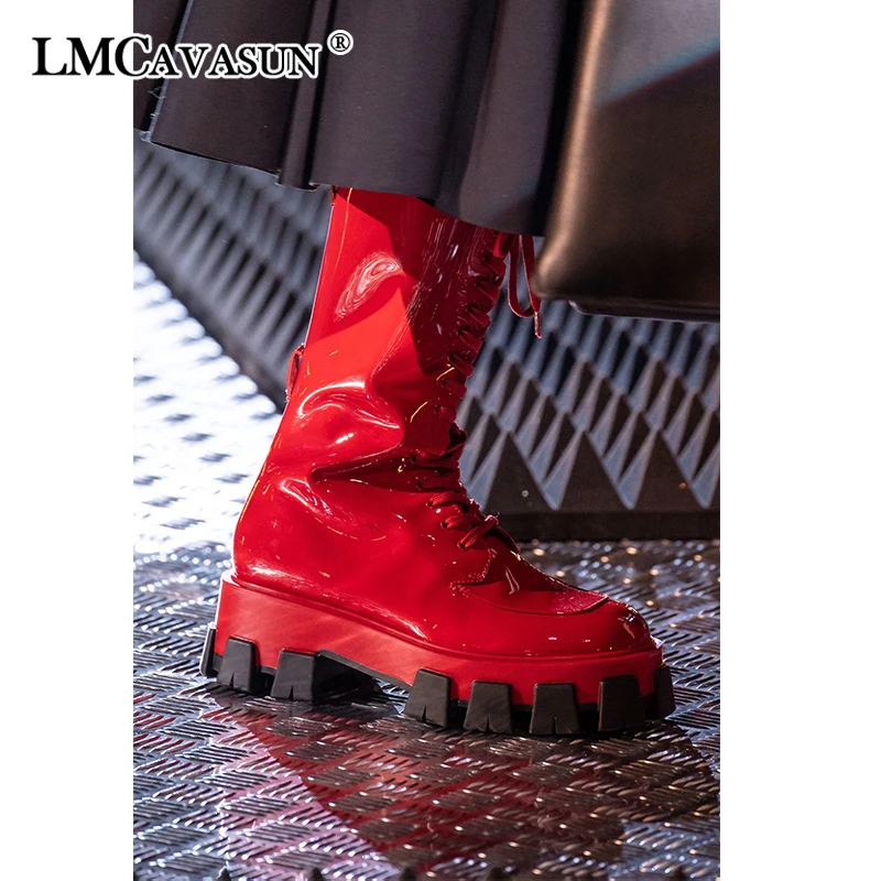 

LMCAVASUN 2019 New Spring Summer Round Toe Pu Leather Bandage Cool Black Single Women High Heels Short Boots Fashion Tide