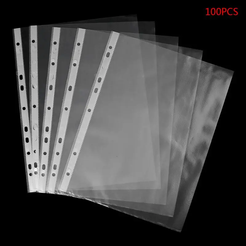 100pcs A4 Transparent Perforated File Storage Document Folder Case Bag Sleeves