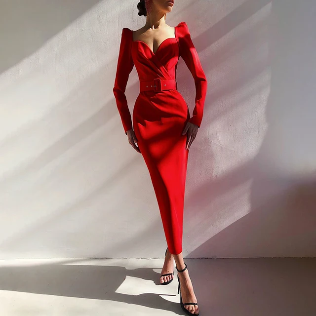 InstaHot Elegant Party Women Dress Slim V Neck Long Sleeve Mid Calf Pencil Dress 2020 Casual