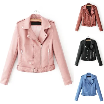 

2020 Spring Autumn Pu Faux Leather Jacket Women Pink Black Zipper Slim Short Biker Jackets Coat Female Outwear Tops