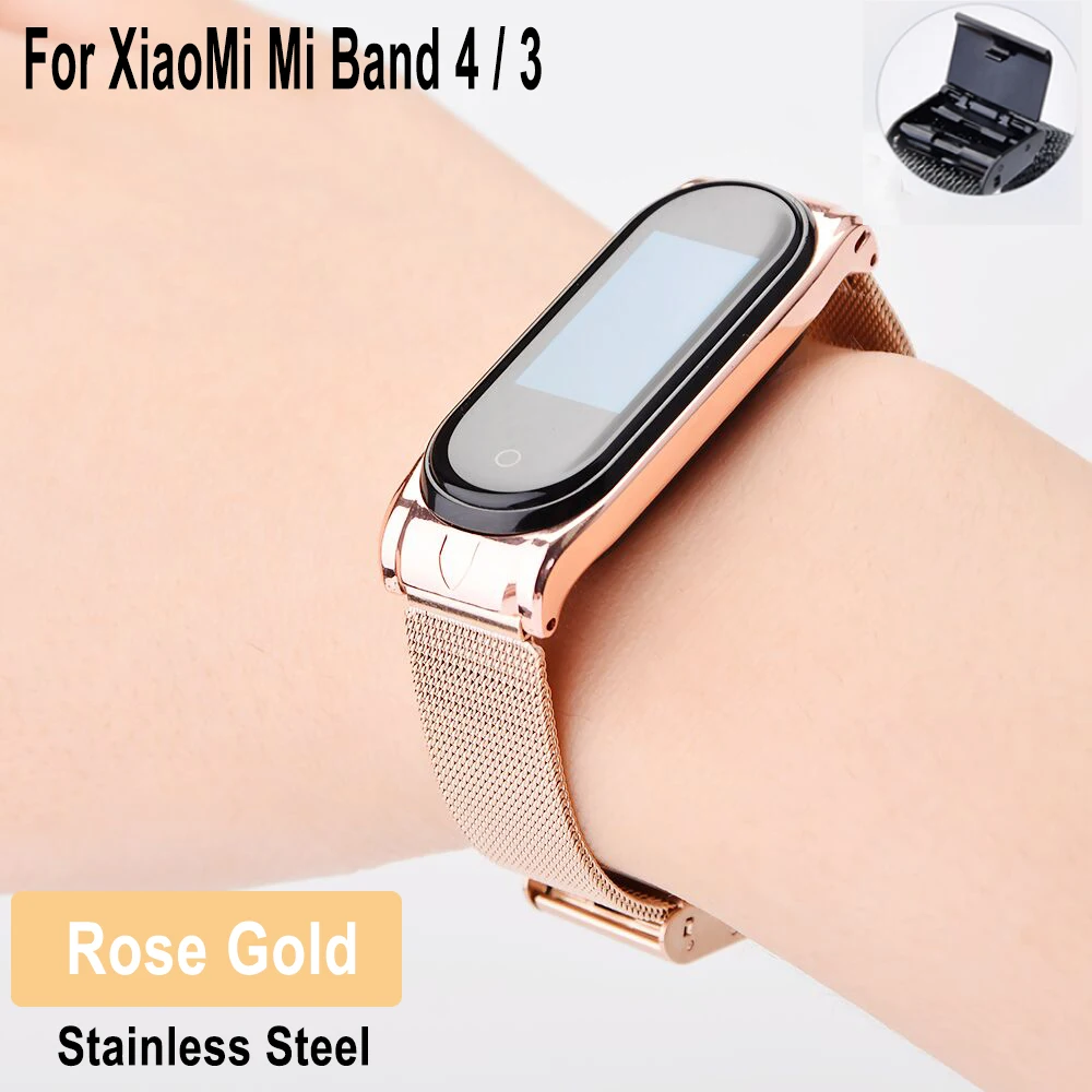Rose Gold Браслет Mi Band 4 браслет из нержавеющей стали для Xiaomi Mi браслет 4 3 Mi4 сменный ремешок Miband 4 3 металлические браслеты Pulseira - Цвет: Rose Gold