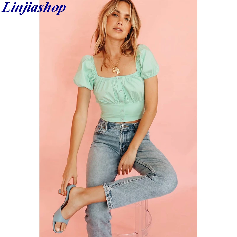 Women Green Blouse Elegant Sexy Solid Vintage Beige Shirt Square Neck Top Autumn Cool Short Sleeve Female Tops Vestidos Blouses Shirts Aliexpress
