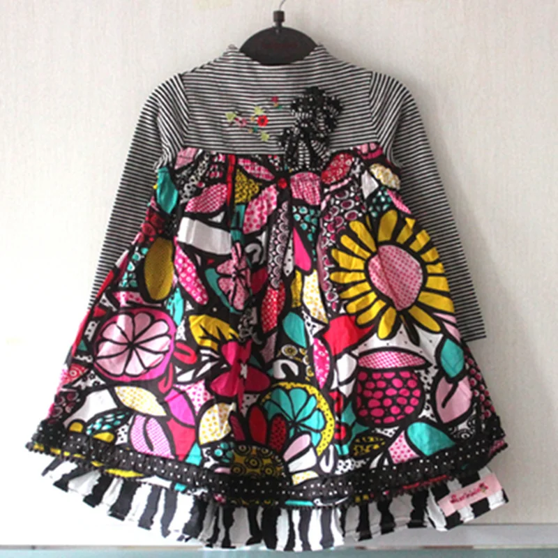 Брендовое платье для девочек, осеннее детское платье с длинными рукавами во французском стиле, детское платье в полоску с цветами