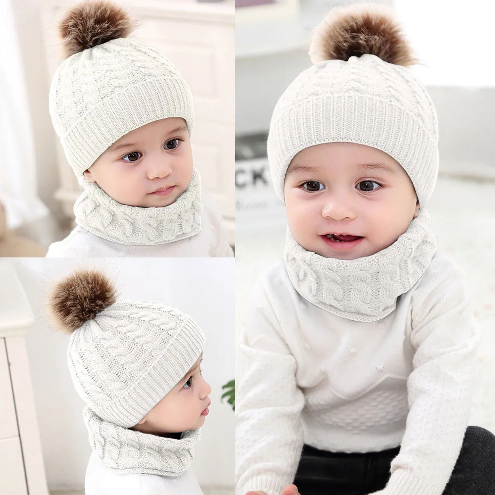 Новая модная зимняя шапка для малышей из 2 предметов, однотонная шапка для маленьких девочек и мальчиков, зимняя теплая вязаная шапочка+ шарф, теплый комплект, детская шапка