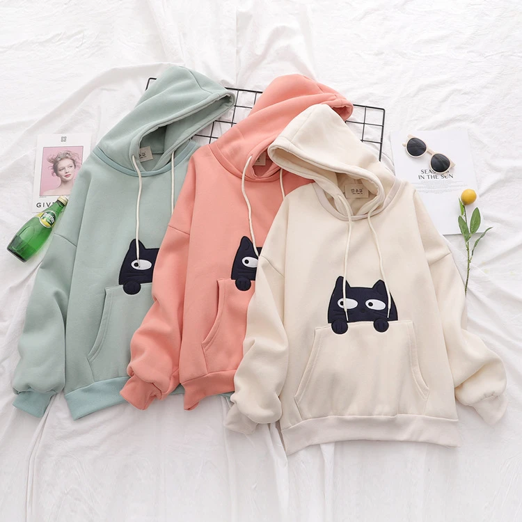 MERRY PRETTY женские Harajuku толстовки с капюшоном мультфильм кошка Вышивка толстовки зима плюс бархат пуловер Свободный спортивный костюм