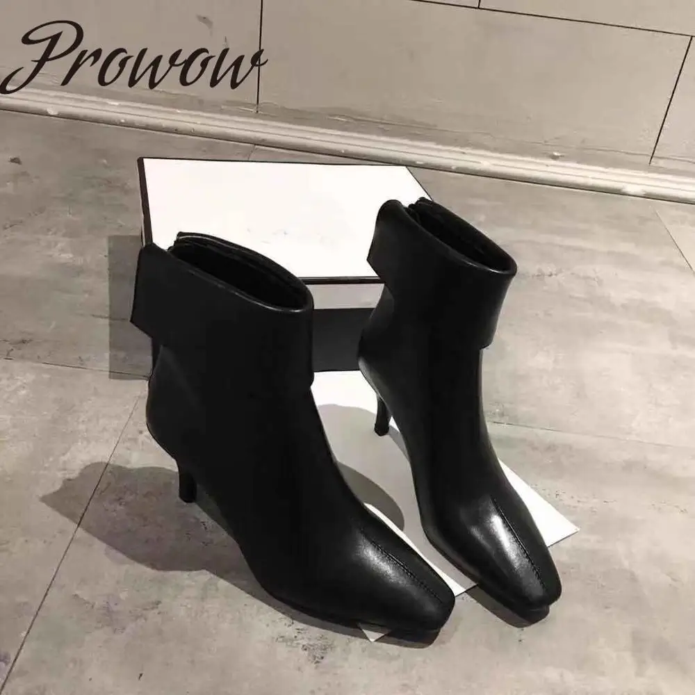 

Prowow New Genuine Leather Square Toe Ankle Boots Genuine Leather Slip On HIgh Heel Luxury Brand Shoes Women Boots