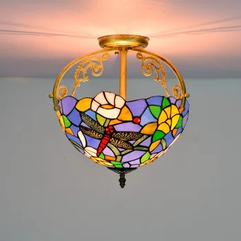 

30cm European-Style Retro Dragonfly Rose Multi-Color Glass Restaurant Bedroom Aisle Corridor Bathroom Glass Semi-Ceiling Lamp