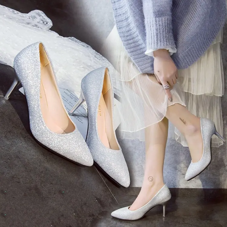 

Catwalk Silver High Heels Women's Shoes Low Heel High Heel 3-5-7CM Wedding Ladies Bling Pumps 2019 Fashion Woman Bridal Shoes