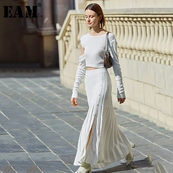 

[EAM] Half-body Skirt Knitting Two Pieces Suit New Round Neck Button Hollow Out Loose Women Fashion Spring Autumn 2020 1S074