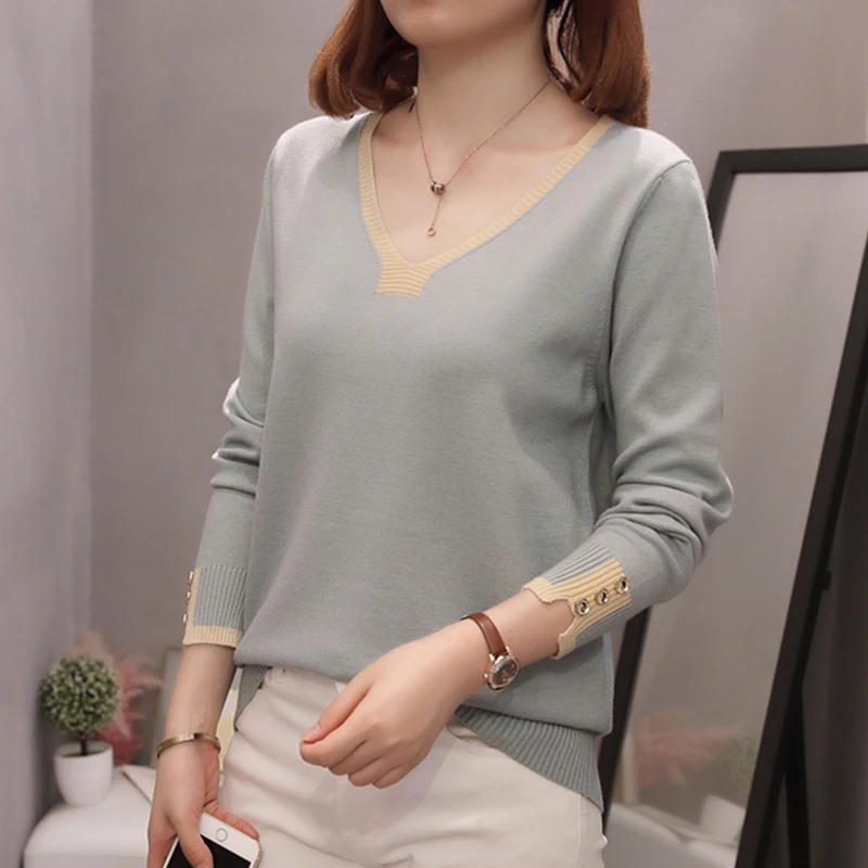 

Plus Size V-neck Pullovers Sweaters Women 2020 Autumn Winter Fashion Skinny Patchwork Knitted Jumpers Oversize Female Knitwear