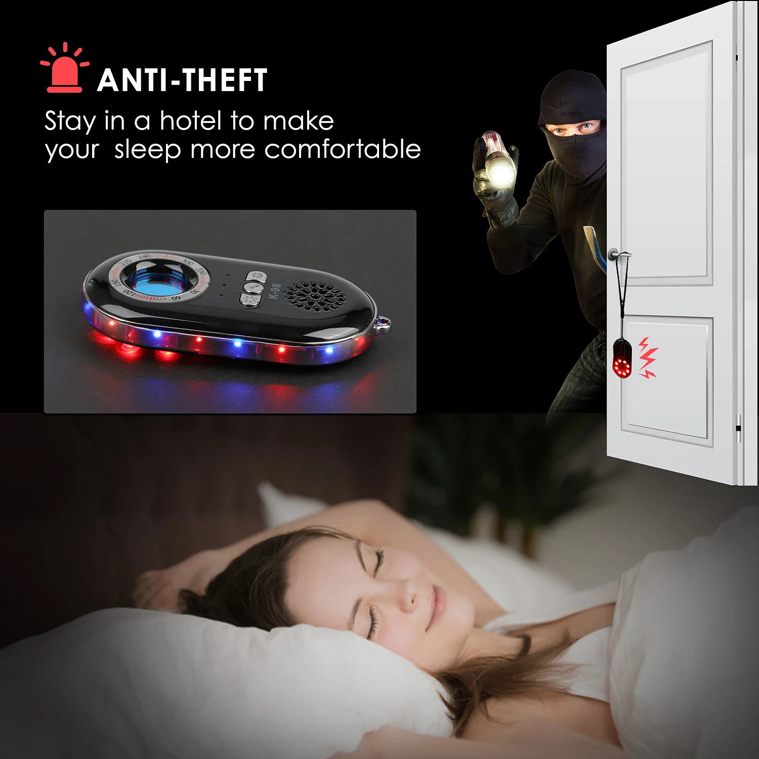 

K98 Anti-theft Vibration Alarm Warning Light Hidden Camera Detector for Travel Anti Candid Camera Detector Mini LED Flashlight