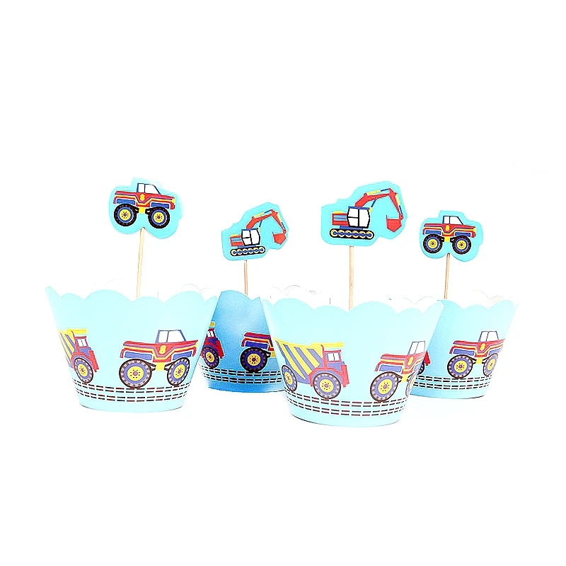 Cake WrapsTop 12set 12 компл. Экскаватор строительный автомобиль день рождения Декор кекс бумажные обертки топперы вечерние принадлежности(12 обертывания+ 12 Топпер - Цвет: Cake WrapsTop 12set