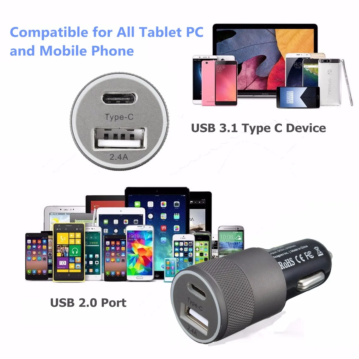 5 в 3 А ABS алюминиевый сплав USB 3,1 type C USB A 2,0 двойной порт автомобильное зарядное устройство для мобильного телефона подходит для IOS Android type-C