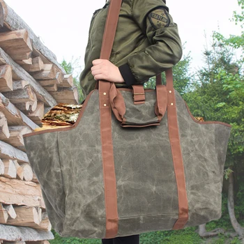 

Wood Log Tote Bags Waterproof Wax Canvas Firewood Carrier Storage For Camping