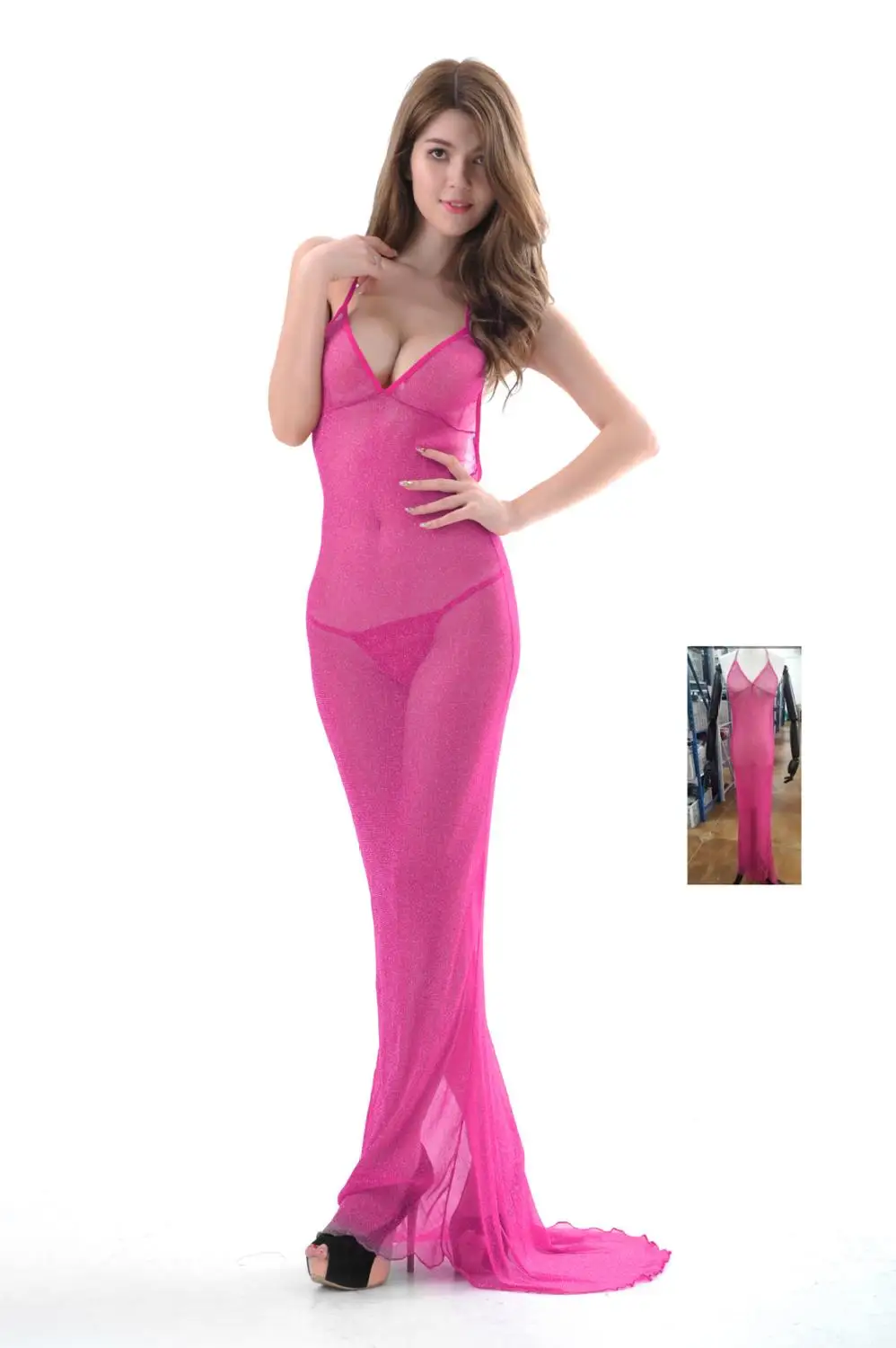 HKMN New Erotic Dress Women Sexy Underwear Long 160cm Skirt With Briefs 9 Colors Lingerie Silm Sex Dress Bodydoll Lace Sleepwear - Цвет: Pink
