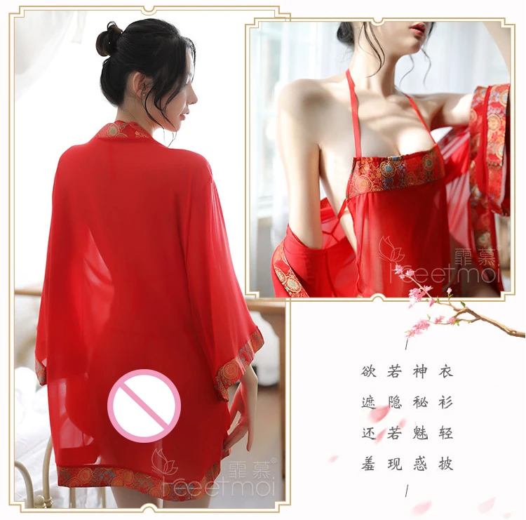 New red perspective bride kimono bathrobe mesh girth T pants+ nightgown nightdress set 3 piece set