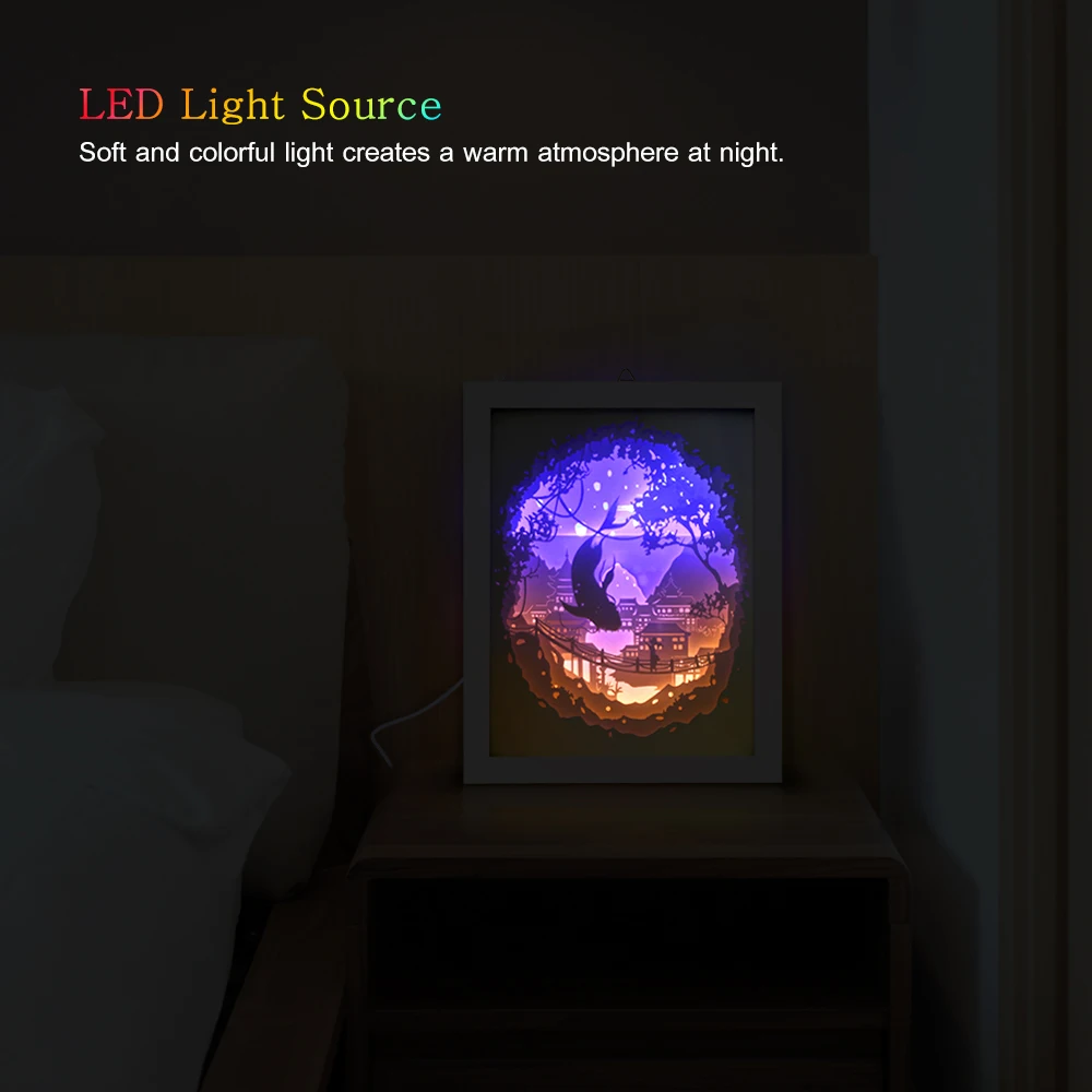  3D Paper Cut Light Box USB Powered LED Shadow Lamp Decorative Night Light with Switch for Bedroom L - 4000326355012
