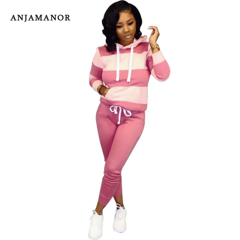 

ANJAMANOR Striped Sweat Suits Women Tracksuit Two Piece Set Plus Size Workout Joggers Matching Sets Fall Winter Outfit D35-BZ99