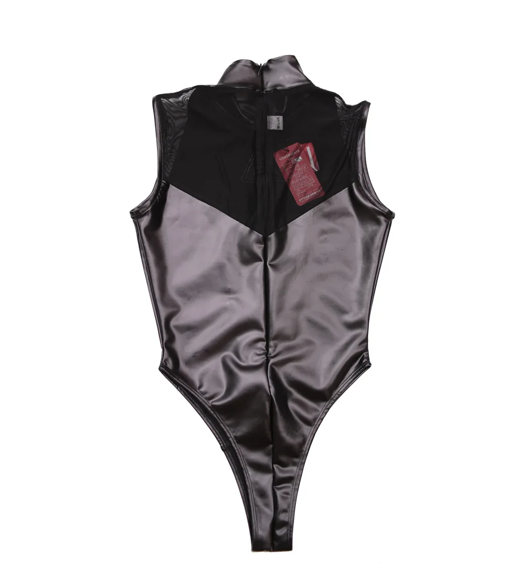 Women Leotard PU Faux Latex Leather Bodysuit High-Neck High Split Conjoined Tank Corset Catsuit Bathing Suit One-Piece Swimsuit