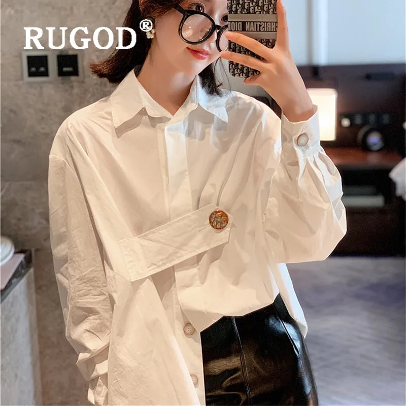 RUGOD/Женская белая блузка в Корейском стиле г., осенняя блузка с воротником-стойкой, асимметричная Металлическая пуговица, длинный рукав, свободные блузы, стильные