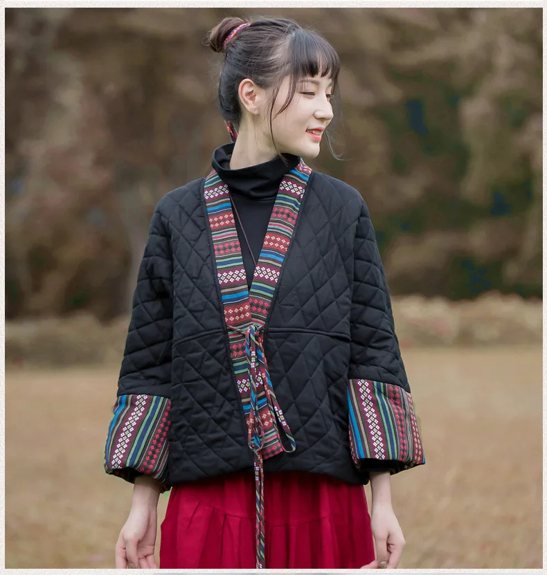 LZJN Новинка Осень Зима хлопок лен китайский стиль Hanfu Бандажное стеганое легкое лоскутное женское короткое пальто