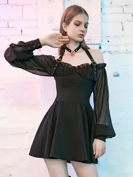 

Women's Gothic Halter Bubble Sleeved Ruffled A-line Dresses PQ-714LQ